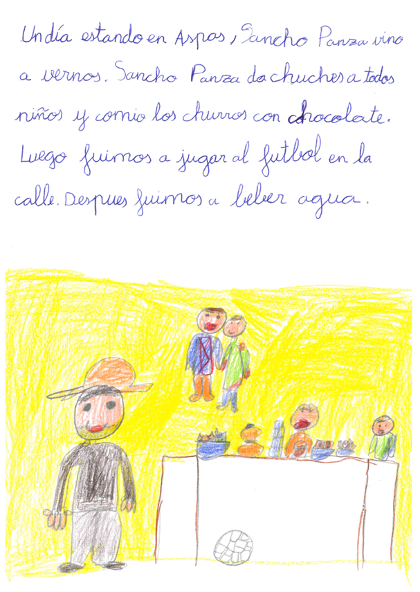 Dibujo  Sancho Panza con unos ni os que comen chuches sobre una porter a de f tbol  