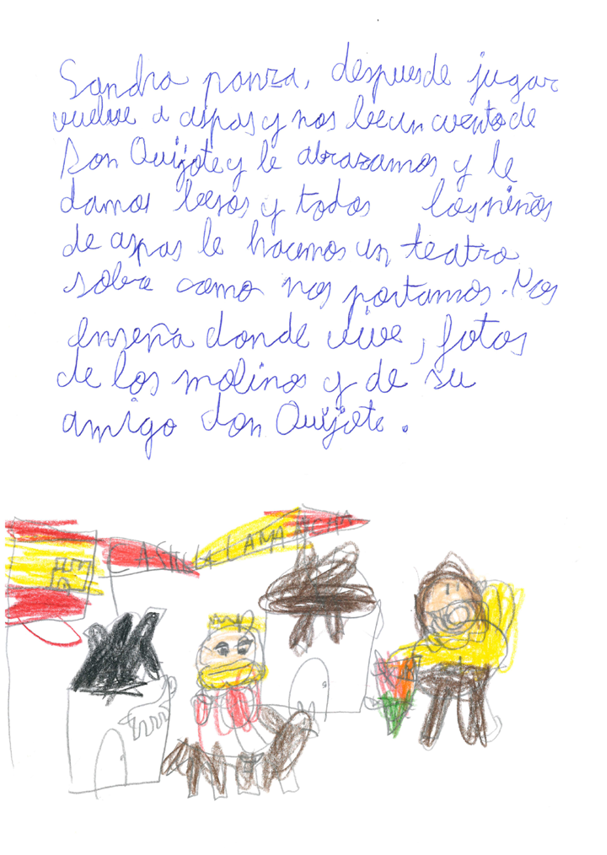 Dibujo de Sancho Panza y otra persona sentados, con lo que parece ser dos molinos al fondo y una bandera de Espa a en la que pone Castilla la Mancha