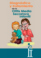 Imagen de la portada del Folleto CODEPEH 2016 en el que se lee: Diagnostico y tratamiento de la Otitis Media Secretora Infantil. Es una ilustración de una otrrorino examinando el oído de un niño