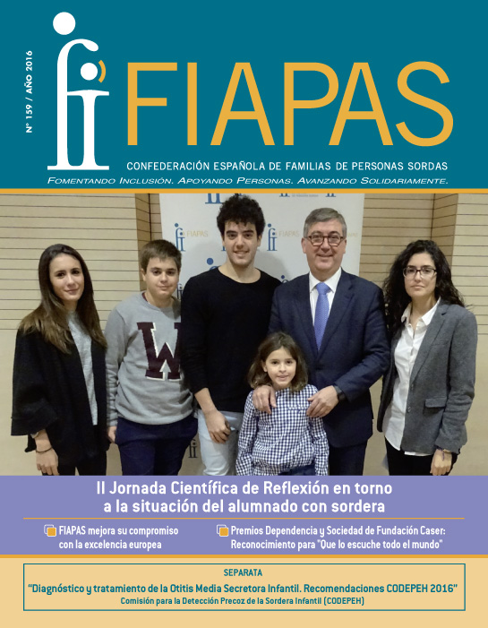 Portada de la Revista FIAPAS 159 en la que aparece una foto del secretario de Estado de Educación, Marcel Marín, junto a niños y jóvenes sordos usuarios de prótesis auditivas que pertenen al Movimiento Asociativo de FIAPAS