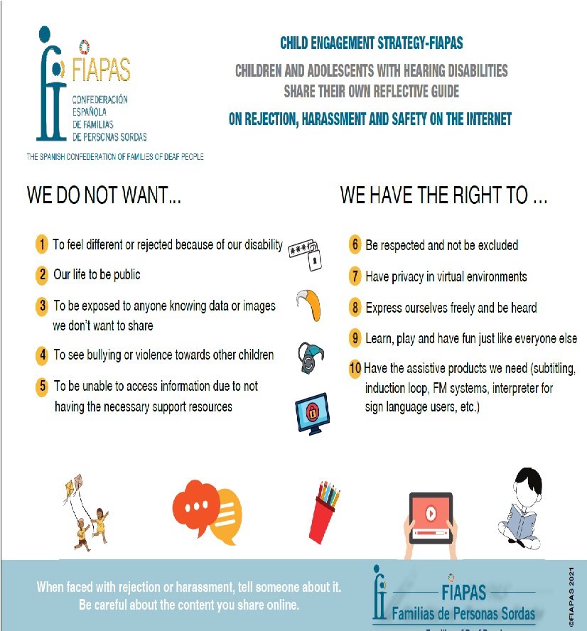 Child Engagement Strategy – FIAPAS 2021. Children and adolescents with hearing disabilities share their own reflective guide on rejection, harassment and safety on the internet